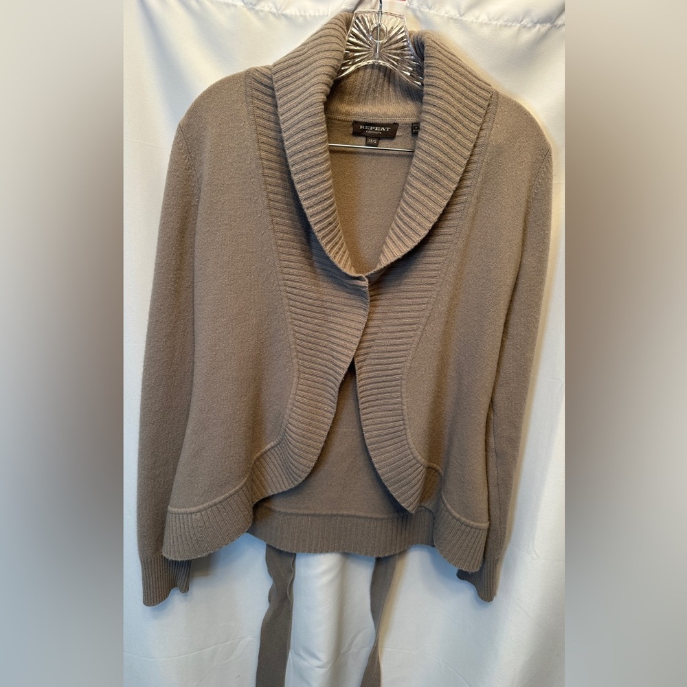 Repeat‎ Cashmere Size 38 Small Shawl Collar Cardigan Tie Front Tan Brown Ribbed